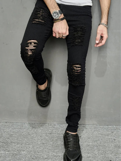 Men's Black Ripped Skinny Jeans, Slim Fit Stretch Denim Pants, Streetwear Biker Style Casual Trousers for Men