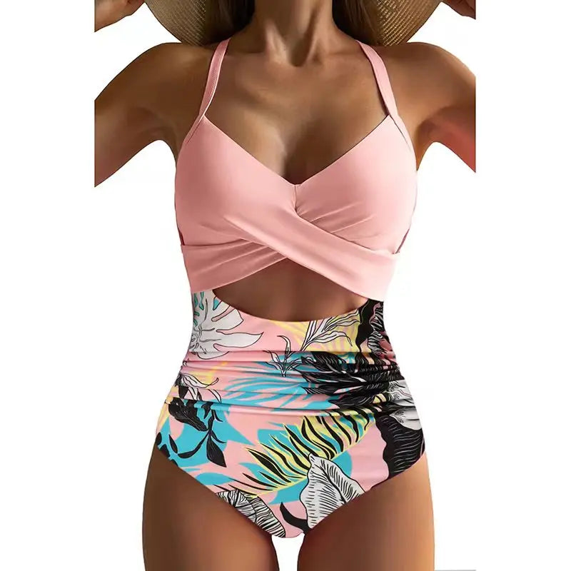 One Piece Women Set Swimsuit Print  Backless Puch Up Solid Sexy Women's Swimwear Bandage Ruched Female Bathing Suit Beachwear