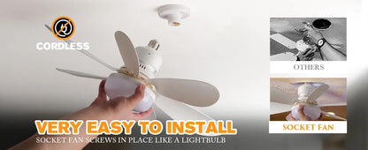 LED Socket Fan Light with Remote Small Ceiling Fan with Light, Cordless Light Socket Fan for Kitchen Bedroom Small Room