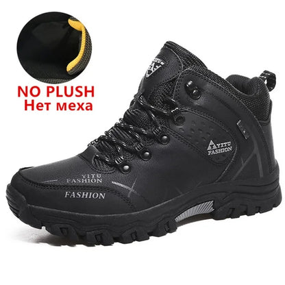 Men Winter Snow Boots - Waterproof Leather Hiking Shoes With Rubber Sole