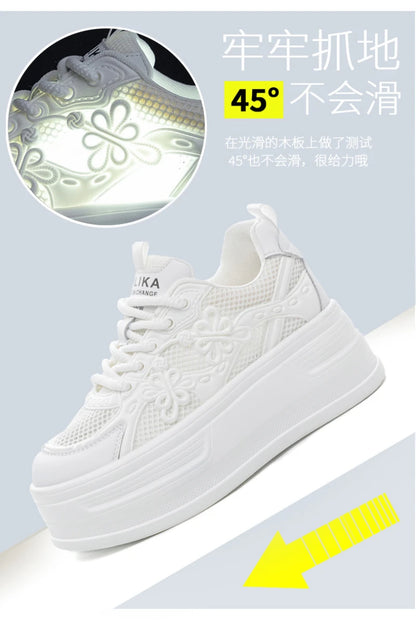 Womens White Mesh Platform Sneakers Breathable Thick Sole Casual Shoes With Flower Embroidery Lightweight Non Slip For Summer Da