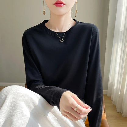 100 Cotton Womens Long-Sleeved Round Neck T-Shirt - Loose Bottoming Top for Spring  Autumn