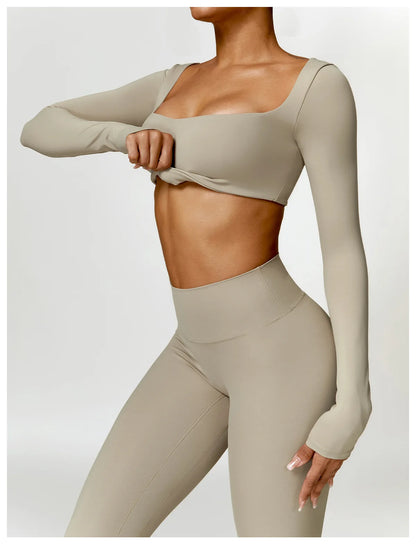 Women Yoga Suit - Quick Dry Gym Tracksuit With Long Sleeve Top & High Waist Leggings