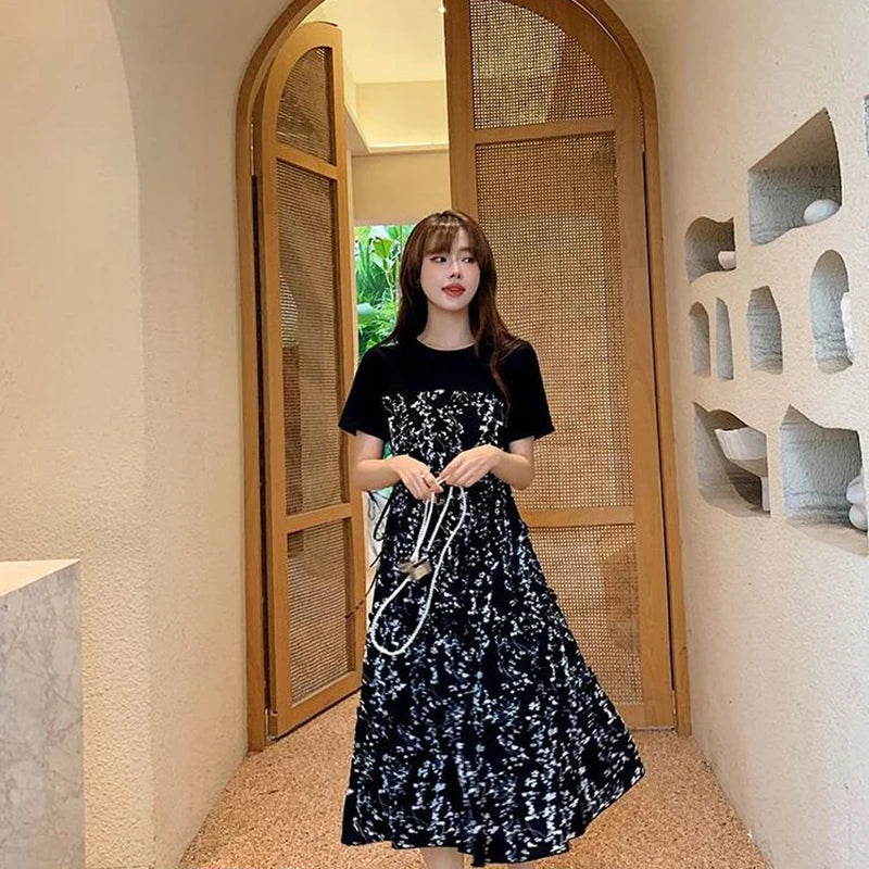 Women's T-shirt Fake two Pcs Korean style Summer Dress Mid-Length Floral Printed Boho Casual Daily Chiffon floral black Dress