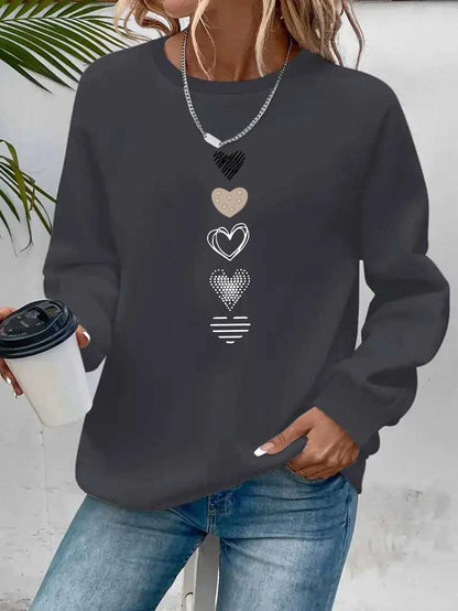 Women's Casual Heart Print Pullover Sweatshirt Geometric Design Long Sleeve Round Neck Machine Washable Regular Fit for Autum