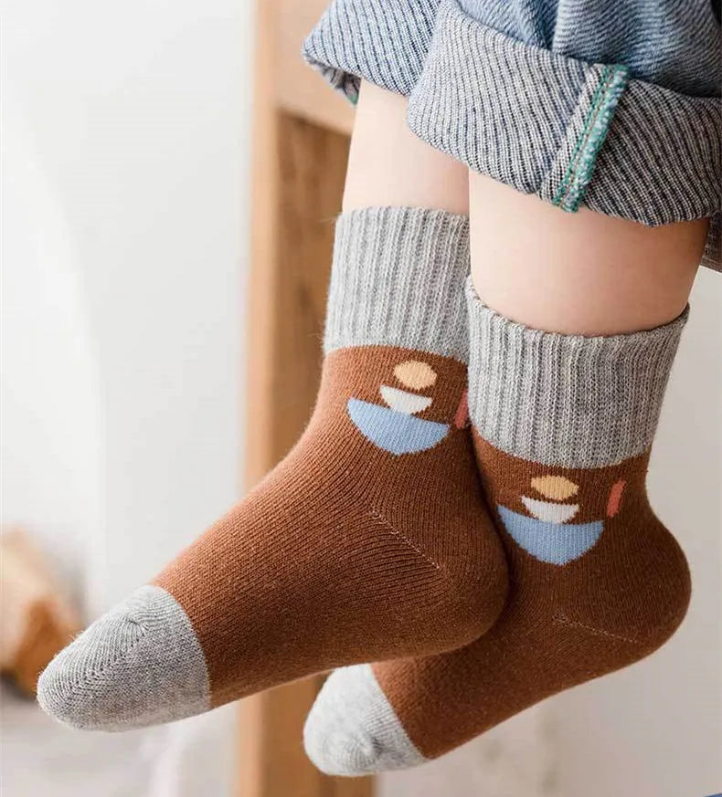 5Pairs/Lot Cute Stripe Cartoon Kids Socks Knit Warm Girls Boys Children Sock Baby Flower Floral Short Socken For 1-9Years