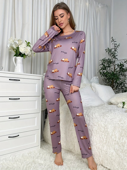 Women's new style casual pajamas set cartoon long sleeves and pants two sets of cute home wear