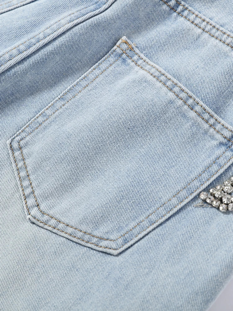 Women Low Waist Jeans Star Rhinestone Pants Cut Out Wide Leg Trousers Light Wash Distressed Denim Pants Street Woman Clothes