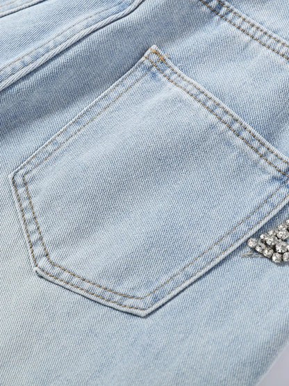 Women Low Waist Jeans Star Rhinestone Pants Cut Out Wide Leg Trousers Light Wash Distressed Denim Pants Street Woman Clothes
