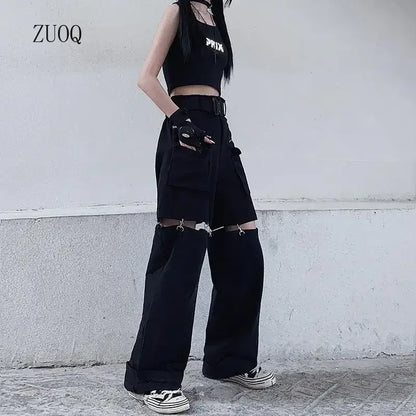 New 2025 Streetwear Black Pants for Women Fashion High Waist Detachable Streetweart Cargo Pants Woman