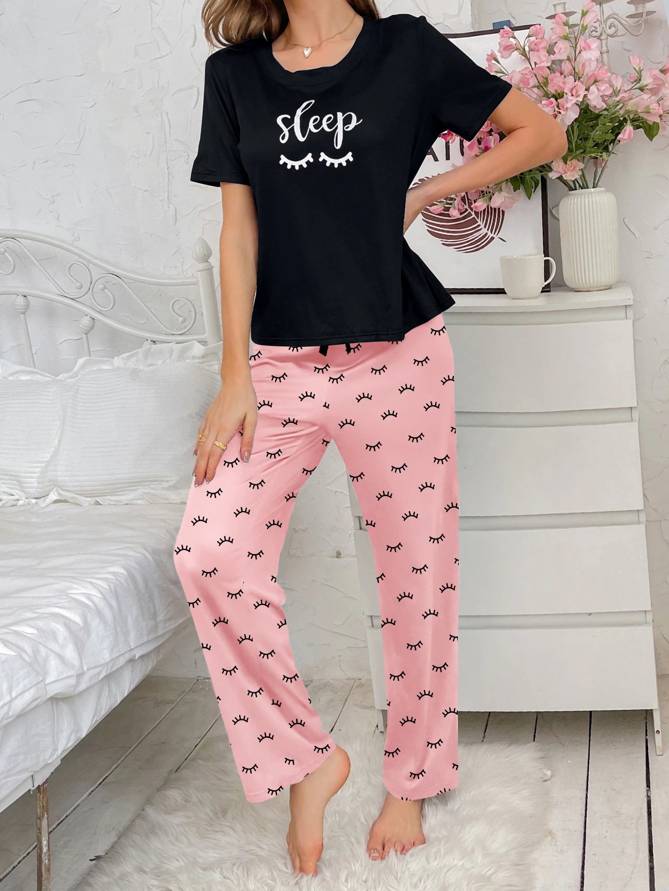 Women's new style home wear letter pattern short-sleeved blouse printed trousers two-piece casual pajamas set