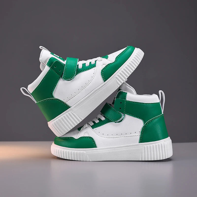 Boys High Top Sneakers - Autumn Leather Sports Shoes with Hook & Loop Closure
