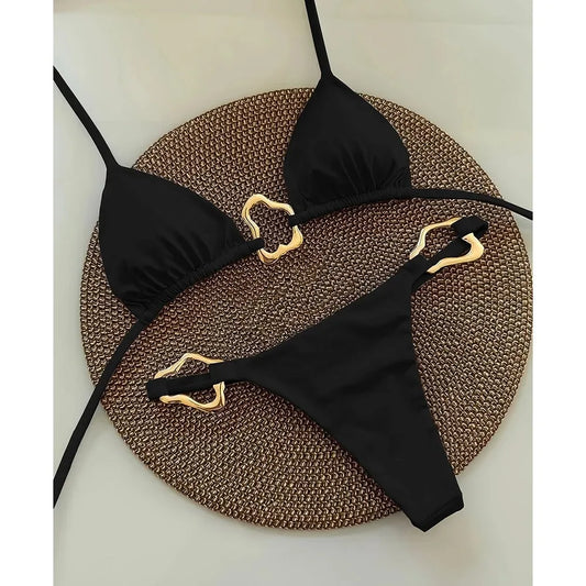 Lace-up Two-Piece Bikini - Solid Color Swimsuit for Women - ZOOMNSTORE