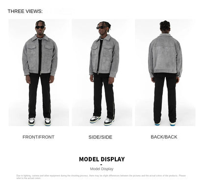 Autumn Jackets Oversize Casual Clothes High Street Pockets Laper Zipper Suede Thick Coat Mens Windbreaker Loose