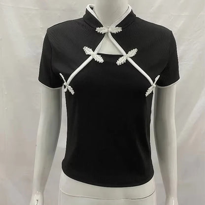 Women's Beige Chinese Style Cheongsam Blouse Vintage Mandarin Collar Short Sleeve Crop Top with Frog Button Keyhole Asymmetrical
