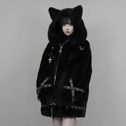 Vintage Punk Style Hoodie Long Sleeve Faux Fur Women Casual Zipper Hooded Gothic Y2K Subculture Harajuku Sweatshirts Autumn
