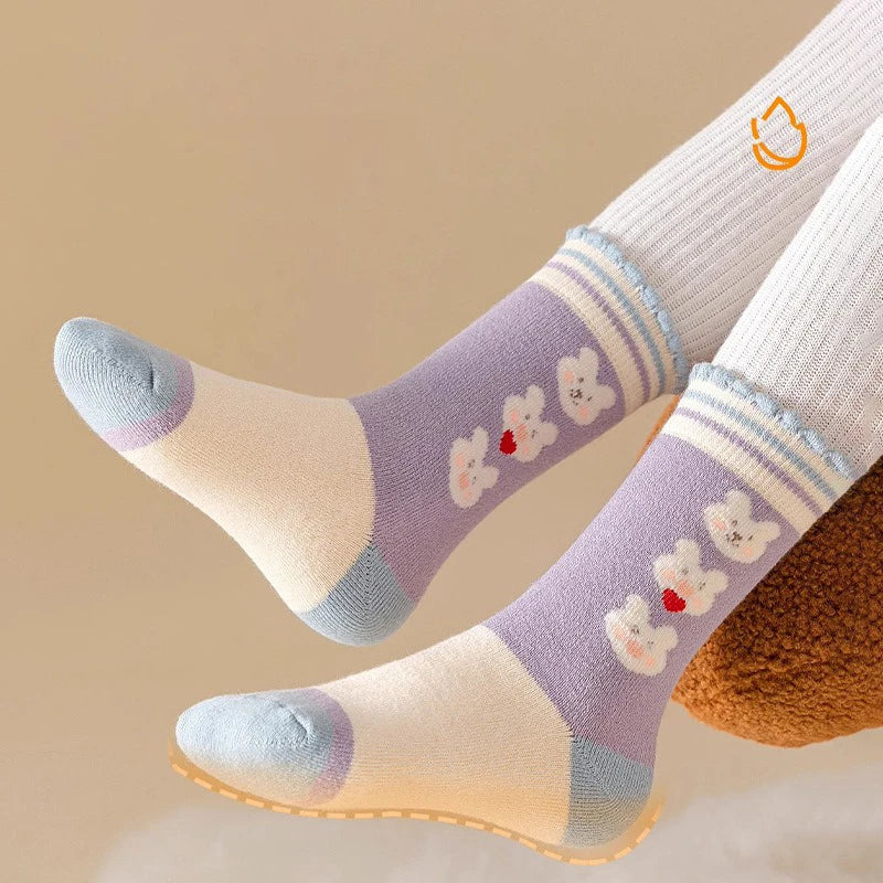 5 Pairs Girls' Thick Socks,Cute Cartoon Bunny Children's Socks, Winter Warmth,  Purple Mid Tube Socks, Autumn/Winter