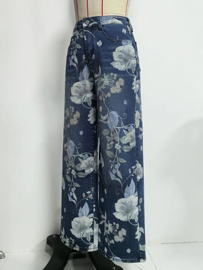 New for 2026: Women's Blue High-waisted Stretch Jeans, Vintage-style Loose-fit Wide-leg Denim Pants with A Floral Print.