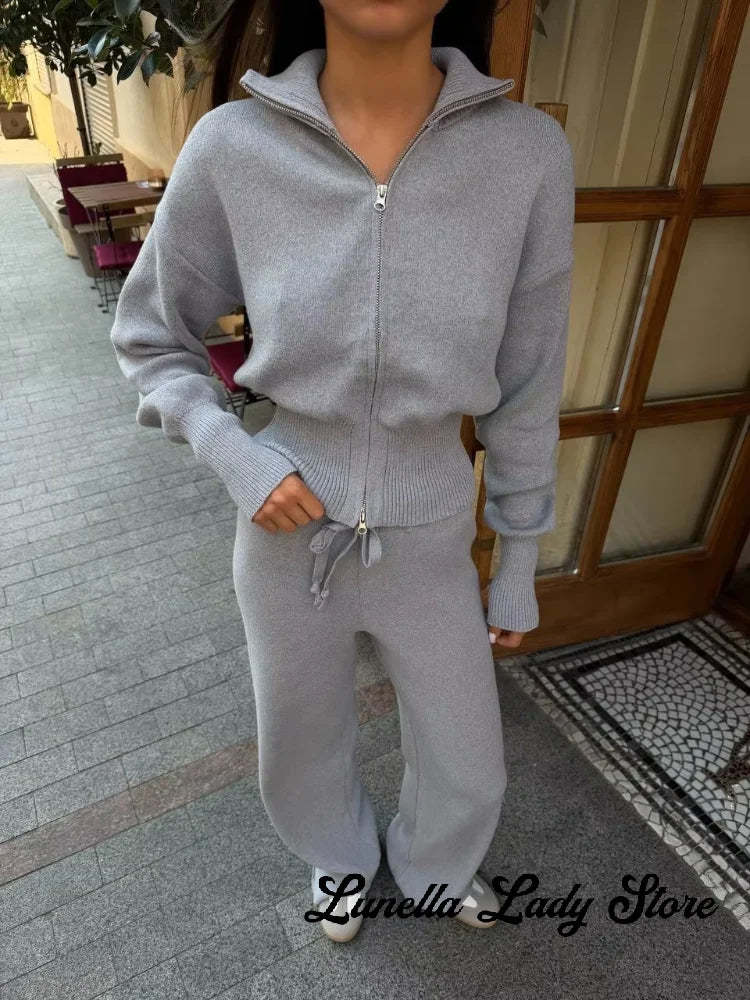 Solid Color Zipper Waist Cinching Casual Set Knitted Top Drawstring Straight Leg Pants 2-piece Sets 2026 Autumn Lady Daily Wear