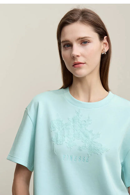 Amii Women's T-Shirt 2026 Summer New Round Neck Drop Shoulder Cotton Tee Lace Embroidered Woman Loose Fit knit Tops 12622048