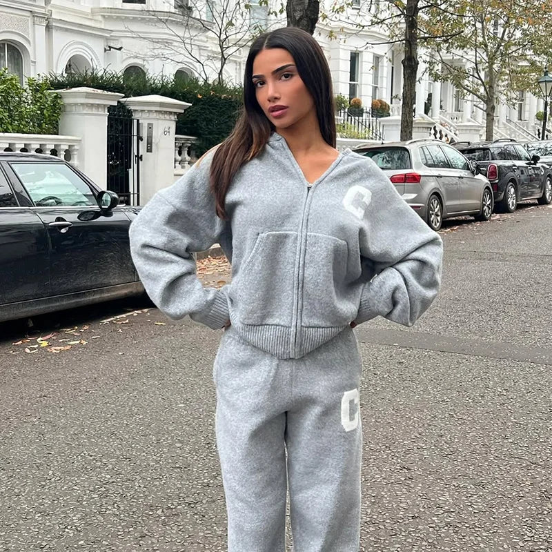 Jacket Tracksuit Two‑piece Set Knit Jacket Clothes Hooded Knit Woman Tracksuit Hooded Knit Coat Pants Trousers Women Clothes