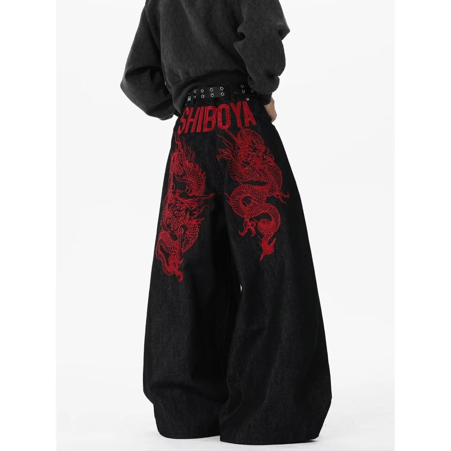 Retro Red Dragon Embroidery Wide Leg Knife Edge Jeans  for both men and women Y2K street cool floor length wide leg pants