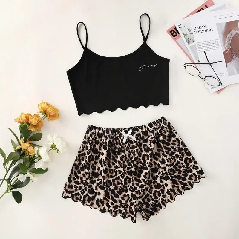 Sexy Alien Print Sling Sleepwear Women's Pajamas Set V-Neck Pyjamas Female Homewear Sleeveless Cute  Top And Shorts