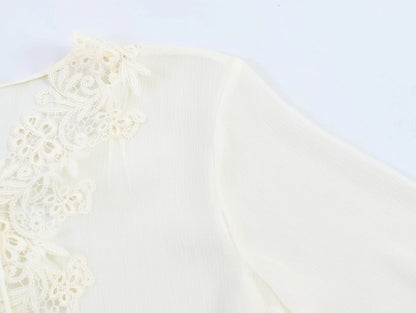 KONDALA Chic Lace Crochet Splicing See-through Shirts Women Elegant Leisure Lace-up Shirts 2026 Summer Trendy Lady Ruffles Shirt