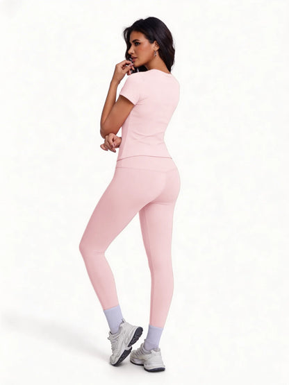 Women's 2 Piece Workout Set, Ultra-Soft Short Sleeve T-Shirt & High Waist Leggings, Seamless Butt Lifting Yoga Outfit for Gym, R