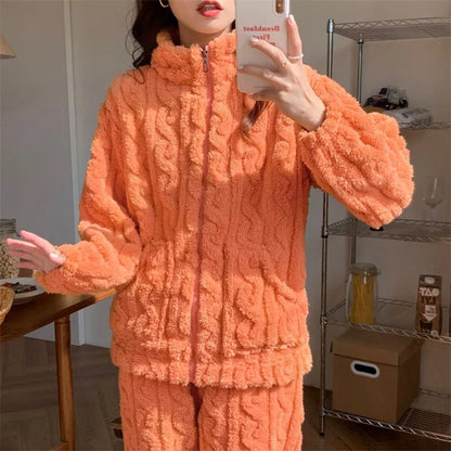 Autumn Winter Sweet Coral Fleece Pajamas Women Fleece-lined Thickened 2023 New Zip-up Flannel Warm Home Wear Set