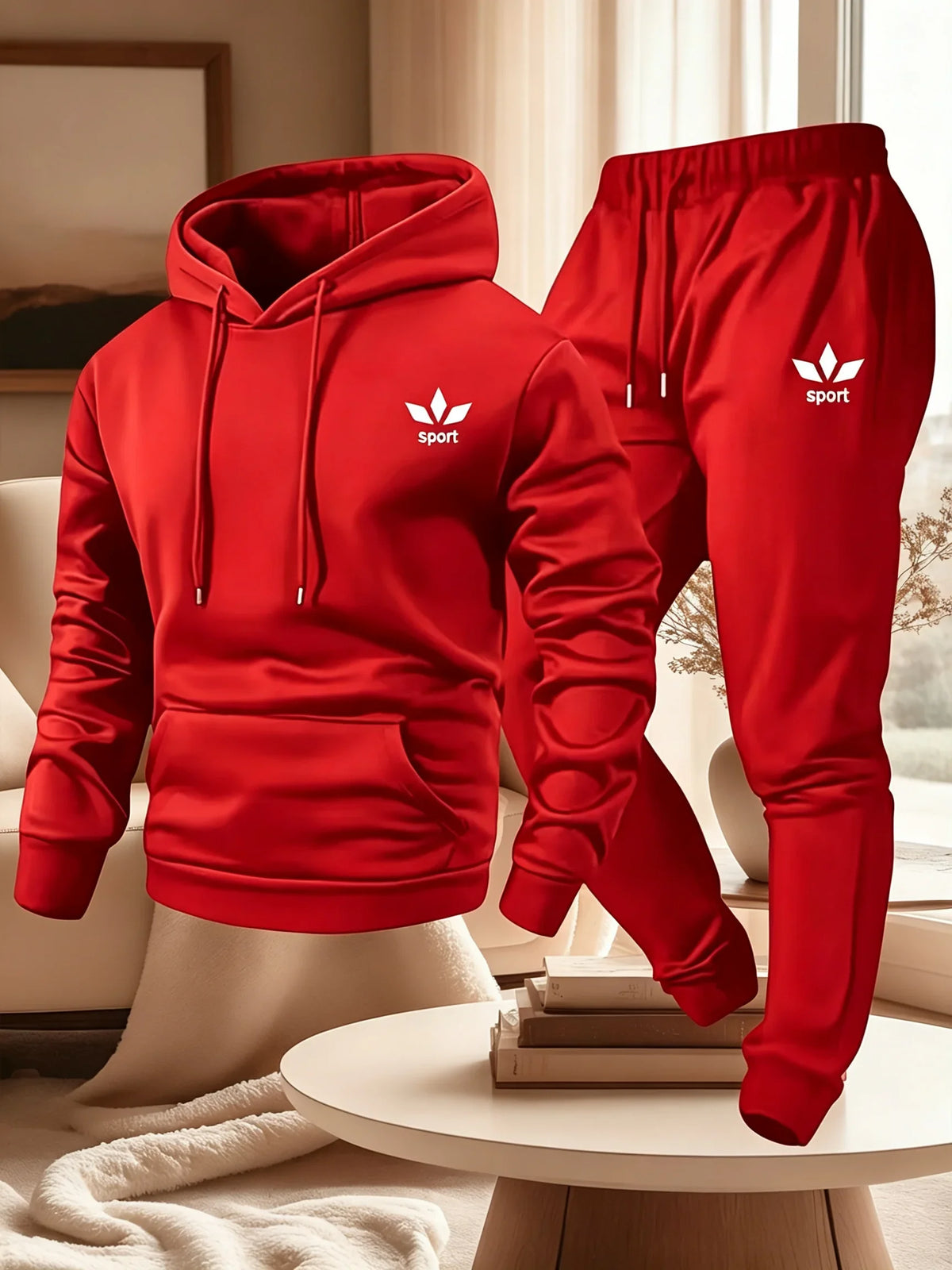 Men Sport Printed Tracksuit 2 Piece Set Warm Lined Drawstring Hoodie Jogger Pants Casual Sports Sweat Outfit For Autumn Winter