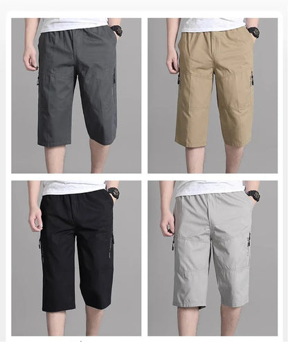 Mens Cargo Shorts - Knee Length Cotton Shorts With Zipper Pockets & Elastic Waist