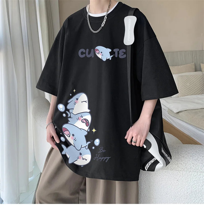Men's Cotton T-shirts White Men Oversized T Shirt Anime Shark Print Summer Casual Wear 5XL Tee Shirts Big Size Male Clothes