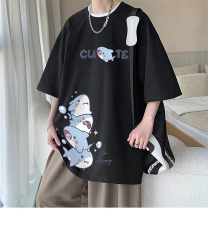 Men's Cotton T-shirts White Men Oversized T Shirt Anime Shark Print Summer Casual Wear 5XL Tee Shirts Big Size Male Clothes