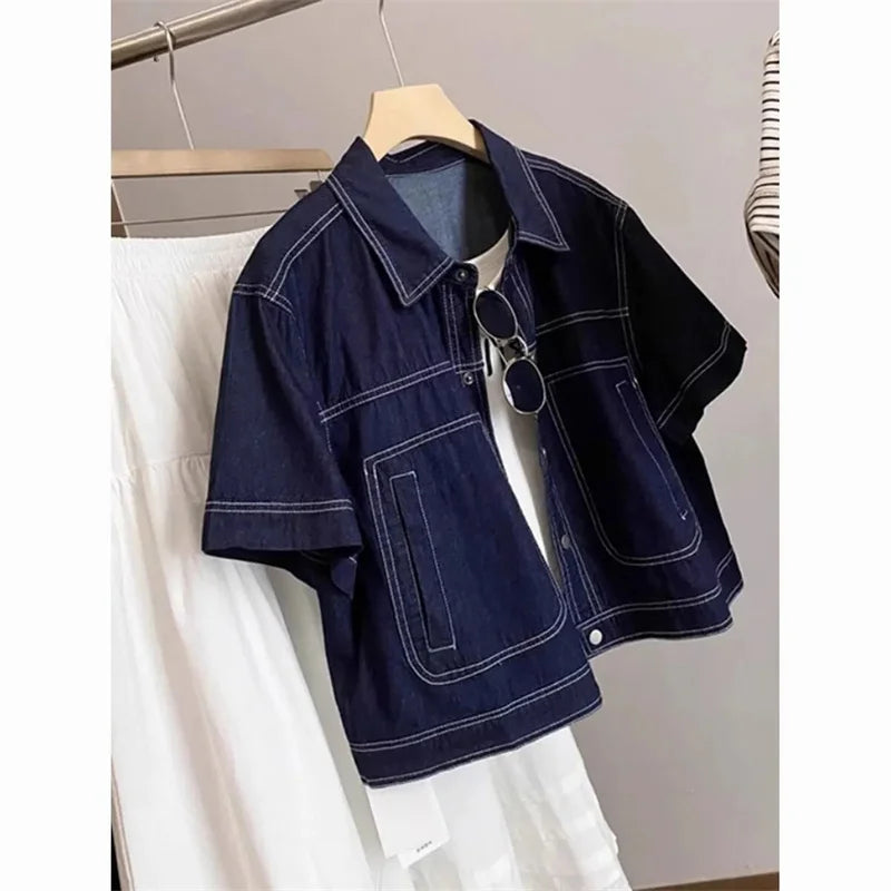 Deep Blue Retro Short Denim Shirts 2026 New Spring Summer Short Sleeved Loose Jeans Jacket Women Korean Versatile Outwear Tops