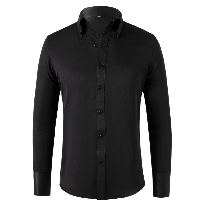 Solid color shirt men's crystal button long sleeved pointed collar light luxury men's business casual men's wear