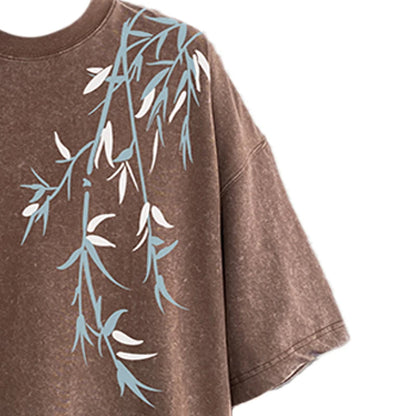 Acid Washed T-Shirt - Men's Streetwear Tee With Bamboo Leaf Print | Oversized Loose Fit
