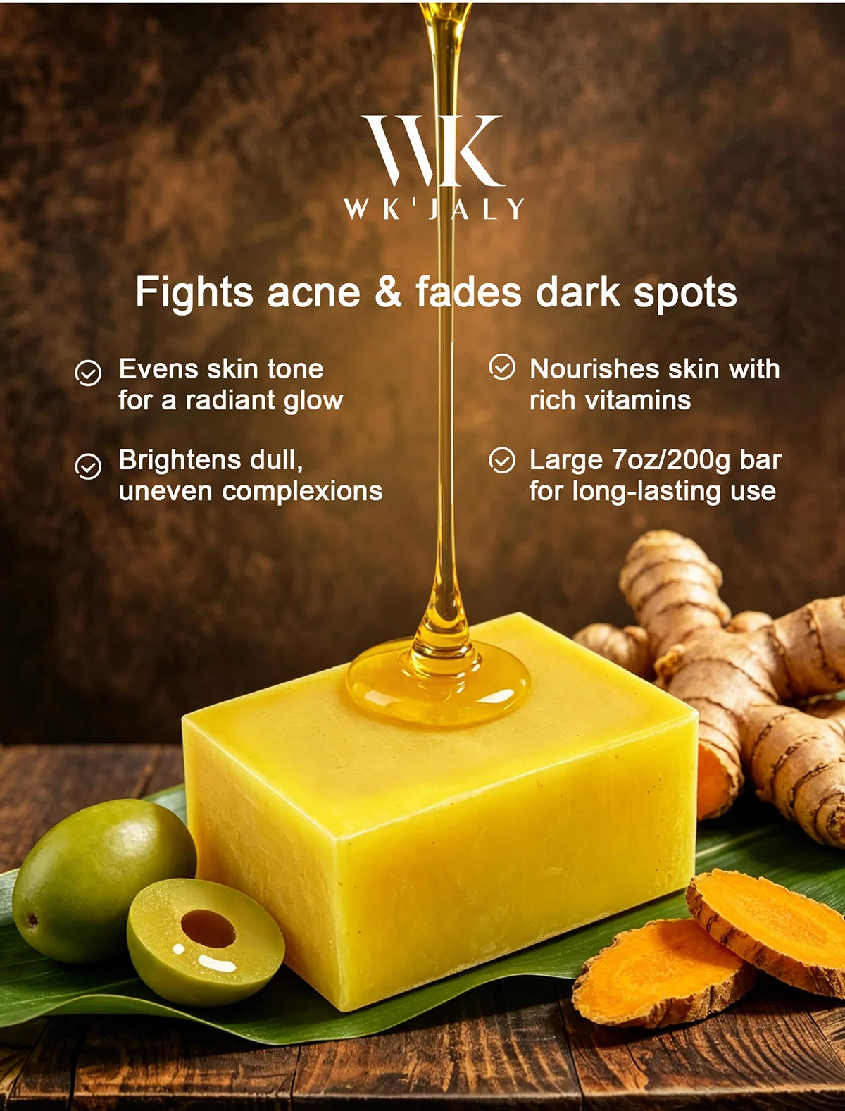 WK JALY Natural Turmeric Soap, Vitamin E + Vitamin C Body Wash, Remove Acne, Dark Spots, Even Skin Tone for Women, 200g/7oz