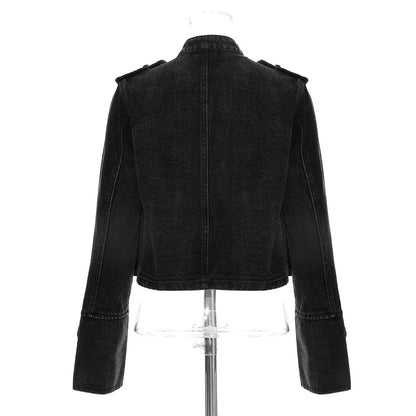 Streetwear Casual Loose Button Split Short Denim Jacket Women Fashion Spring Autumn 2026 Stand Collar Long Sleeve Jean Jacket