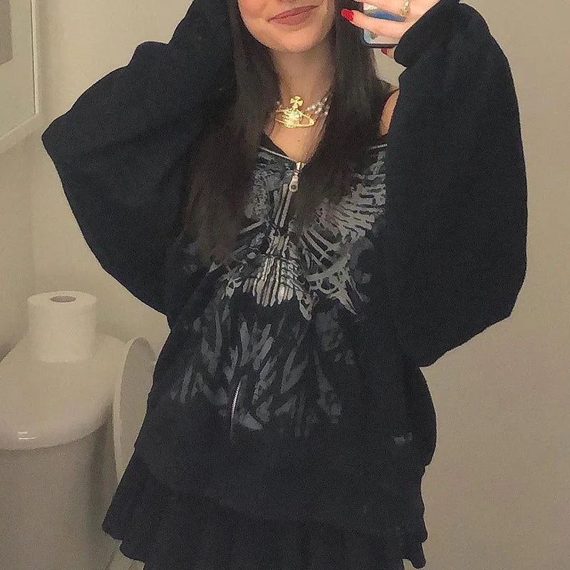 Y2K Rhinestone Cobweb Zip Up Oversized Sweatshirt 2022 Autumn Goth Hoodie Men Women Grunge Hooded Jacket Streetwear Y2K Clothing