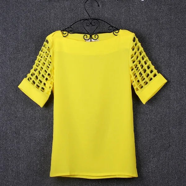 Summer Fashion Women Blouses & Shirts Hollow Out Sleeve Slash Neck Chiffon Blouse Plus Size