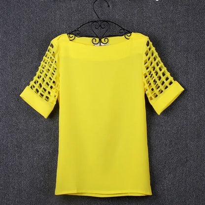 Summer Fashion Women Blouses & Shirts Hollow Out Sleeve Slash Neck Chiffon Blouse Plus Size