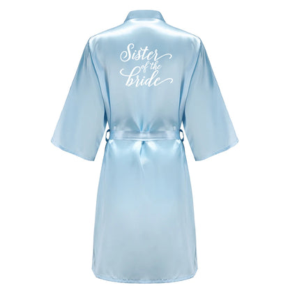 Light Blue Women's Satin Robe Short Kimono for Bride & Bridesmaid With White Letter, Wedding Party Robes