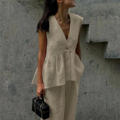 Fashion Women's Trouser Suits Sleeveless V-Neck Top Women Casual Straight Pants Sets Summer Women's Suit Commuter 2 Piece Set