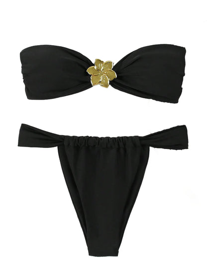 Bandeau Push-Up Bikini - Sexy Two Piece Swimsuit with Brazilian Thong & Button Detail