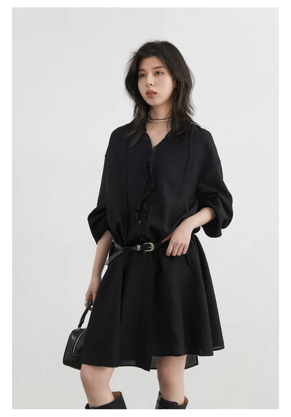 Women Loose Dress - Casual V-Neck Long Sleeve A-Line Knee Dress With Ruffled Lantern Sleeves
