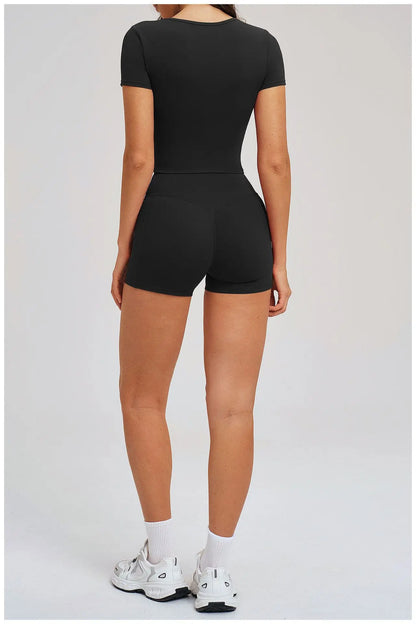 2 Pieces Workout Sports Sets Fitness Set Women Tracksuit Workout Outfits Running Sports Shorts Gym Suit Short Sleeve Yoga Top