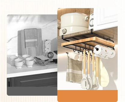 Kitchen Organizer Rack - Stainless Steel Hanging Kitchen Rack with Hooks for Cutting Board, Paper Towel & Pot Lid Storage