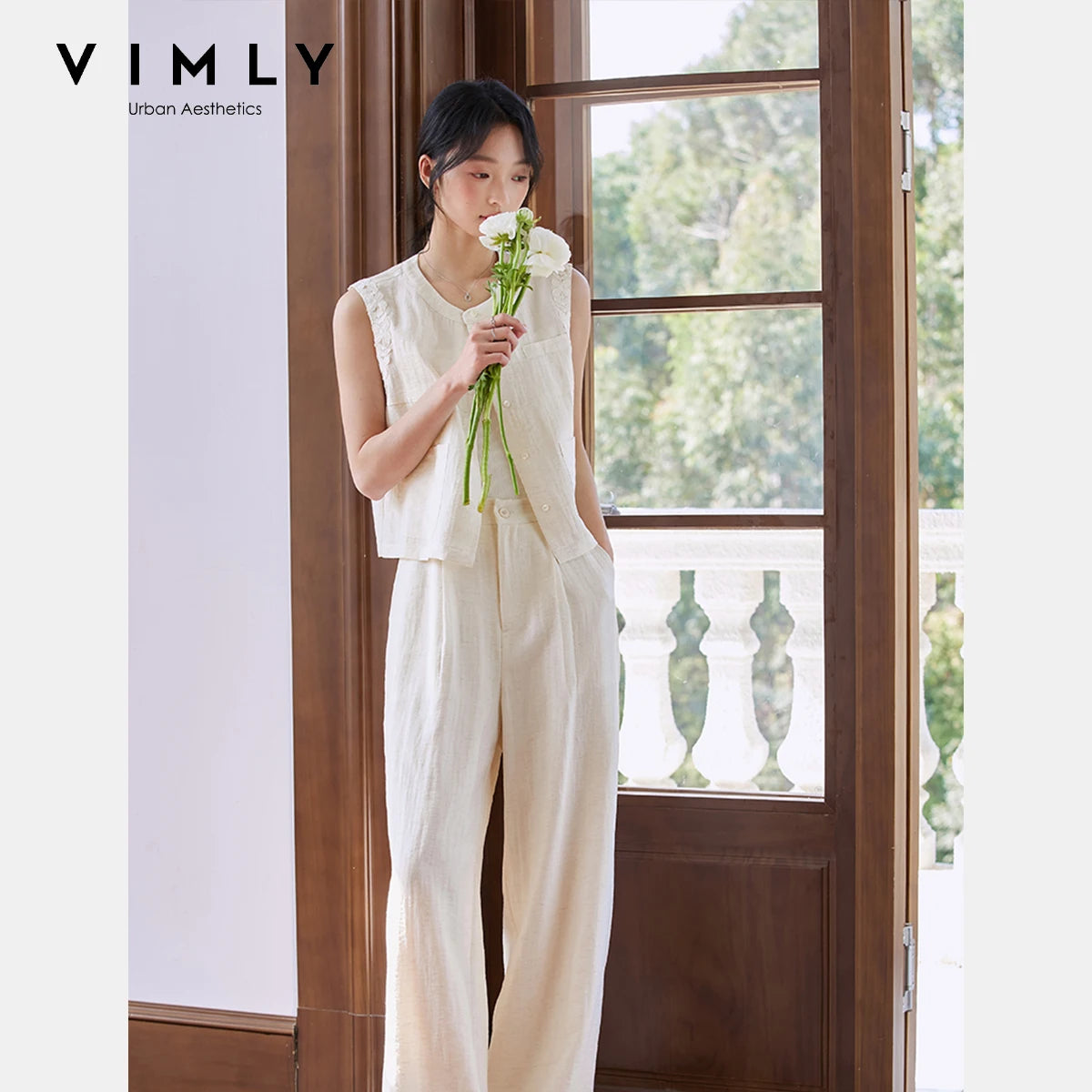 VIMLY Linen Blend Pant Set Two Piece Old Money Style Woman Summer Outfits 2026 Sleeveless Vest Wide Legs Pants Lady Suit A0820