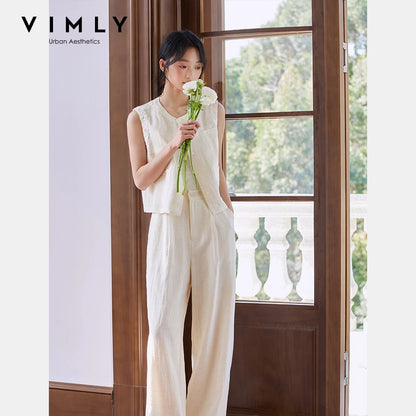 VIMLY Linen Blend Pant Set Two Piece Old Money Style Woman Summer Outfits 2026 Sleeveless Vest Wide Legs Pants Lady Suit A0820